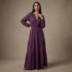 Deep Magenta Yarn-Dyed Cotton Floor Length Fit and Flare Tier Dress