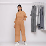 Desert Yellow Cotton Linen Comfort Fit High Neck Jumpsuit