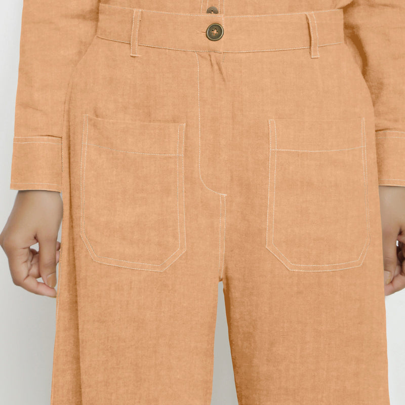 Desert Yellow Cotton Linen Patch Pocket Wide Legged Pant