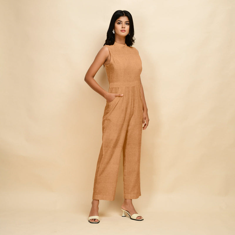 Desert Yellow Cotton Linen Sleeveless Princess Line Jumpsuit