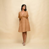 Desert Yellow Cotton Linen V-Neck Knee Length Blouson Dress