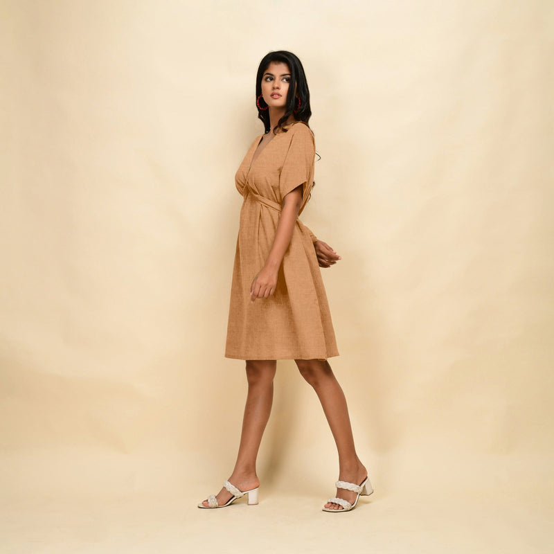 Desert Yellow Cotton Linen V-Neck Knee Length Blouson Dress
