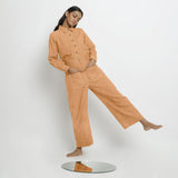 Front View of a Model wearing Desert Yellow Linen Patch Pocket Wide Legged Pant