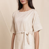Front Detail of a Model wearing Dusk Beige Striped 100% Cotton Short Sack Dress