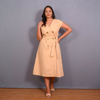 Front View of a Model wearing Dusk Beige Warm Cotton Flannel Button-Down A-Line Midi Dress