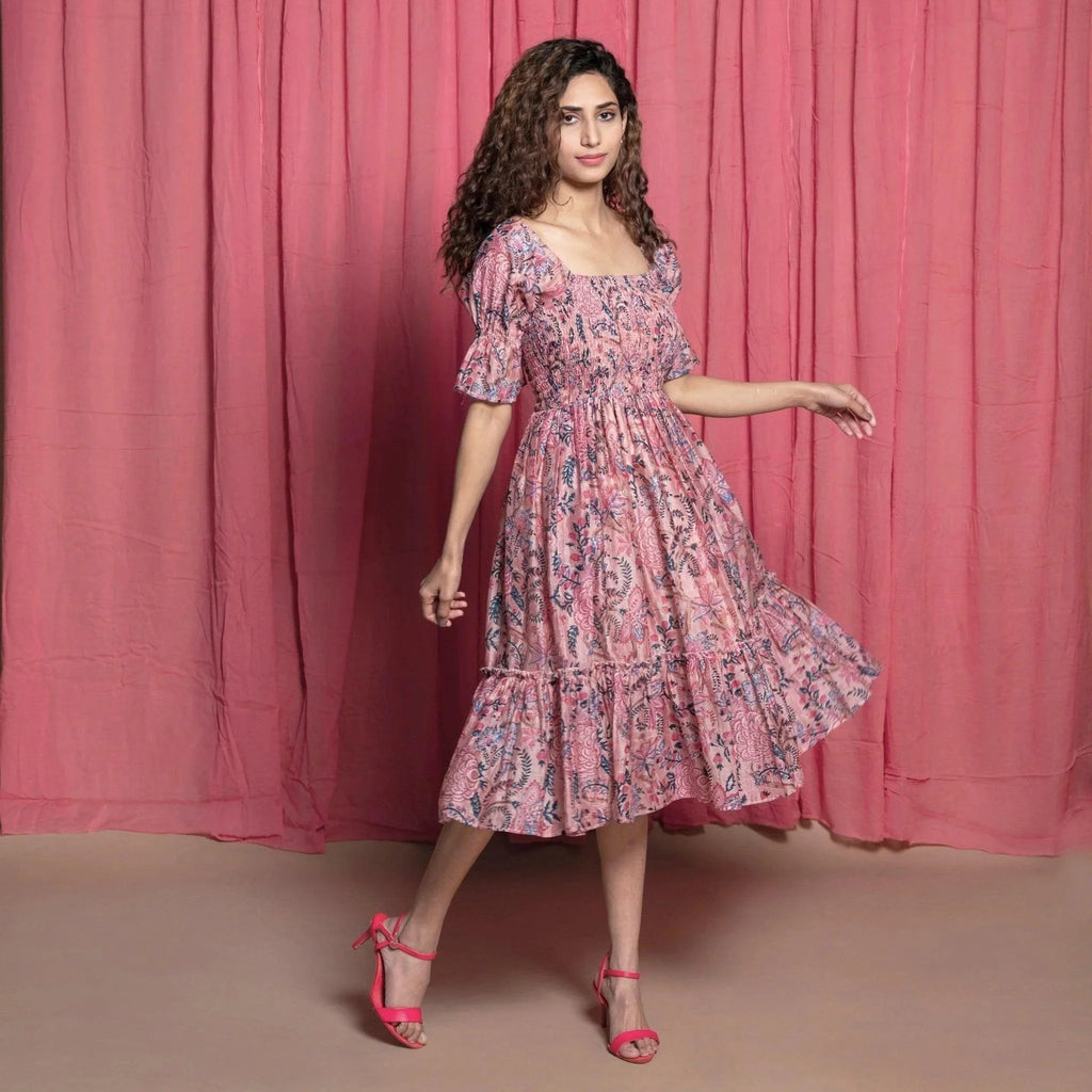 Right View of a Model wearing Dust Pink Cotton Chanderi Block Print Dress