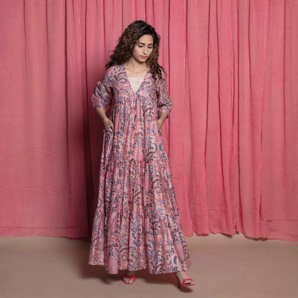 Front View of a Model wearing Dust Pink Cotton Chanderi Block Printed Floor Length Dress