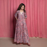 Front View of a Model wearing Dust Pink Cotton Chanderi Block Printed Floor Length Dress