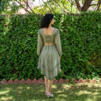 Ecru and Sap Green Checks Crinkled Cotton Asymmetrical Boho Dress