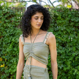 Ecru and Sap Green Checks Crinkled Cotton Boho Bustier Crop Top