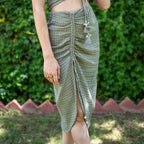 Ecru and Sap Green Checks Crinkled Cotton Boho Ruched Adjustable Slit Midi Skirt