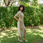Ecru and Sap Green Crinkled Cotton Boho Maxi Shirt Dress