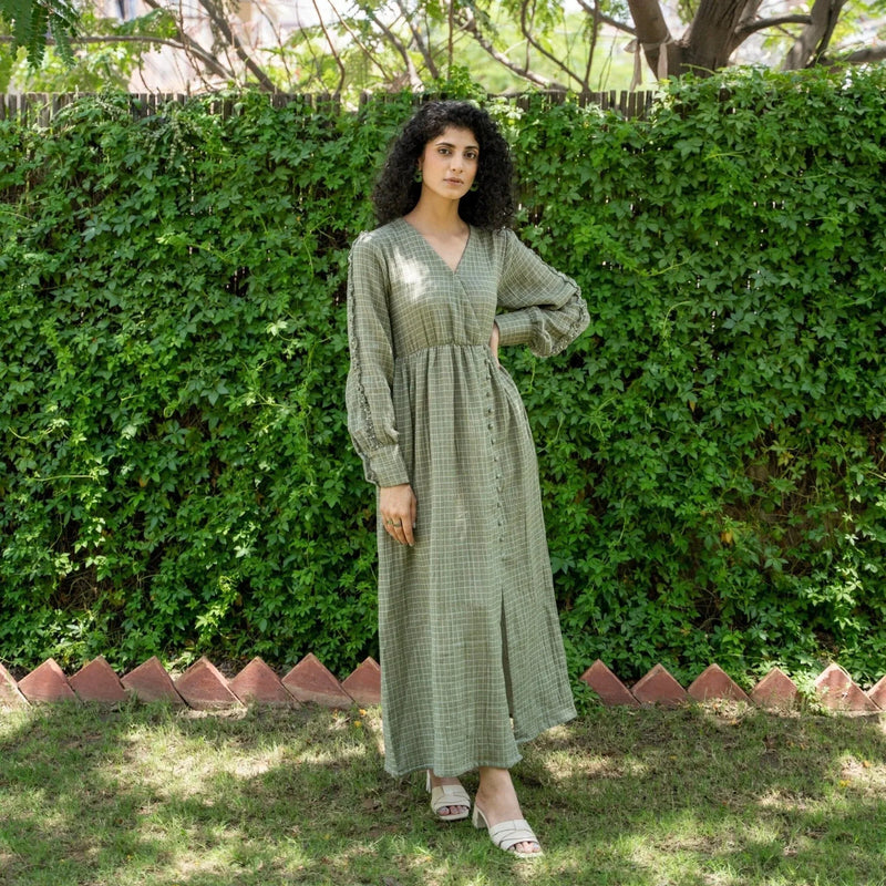 Ecru and Sap Green Crinkled Cotton Front Slit Boho Dress