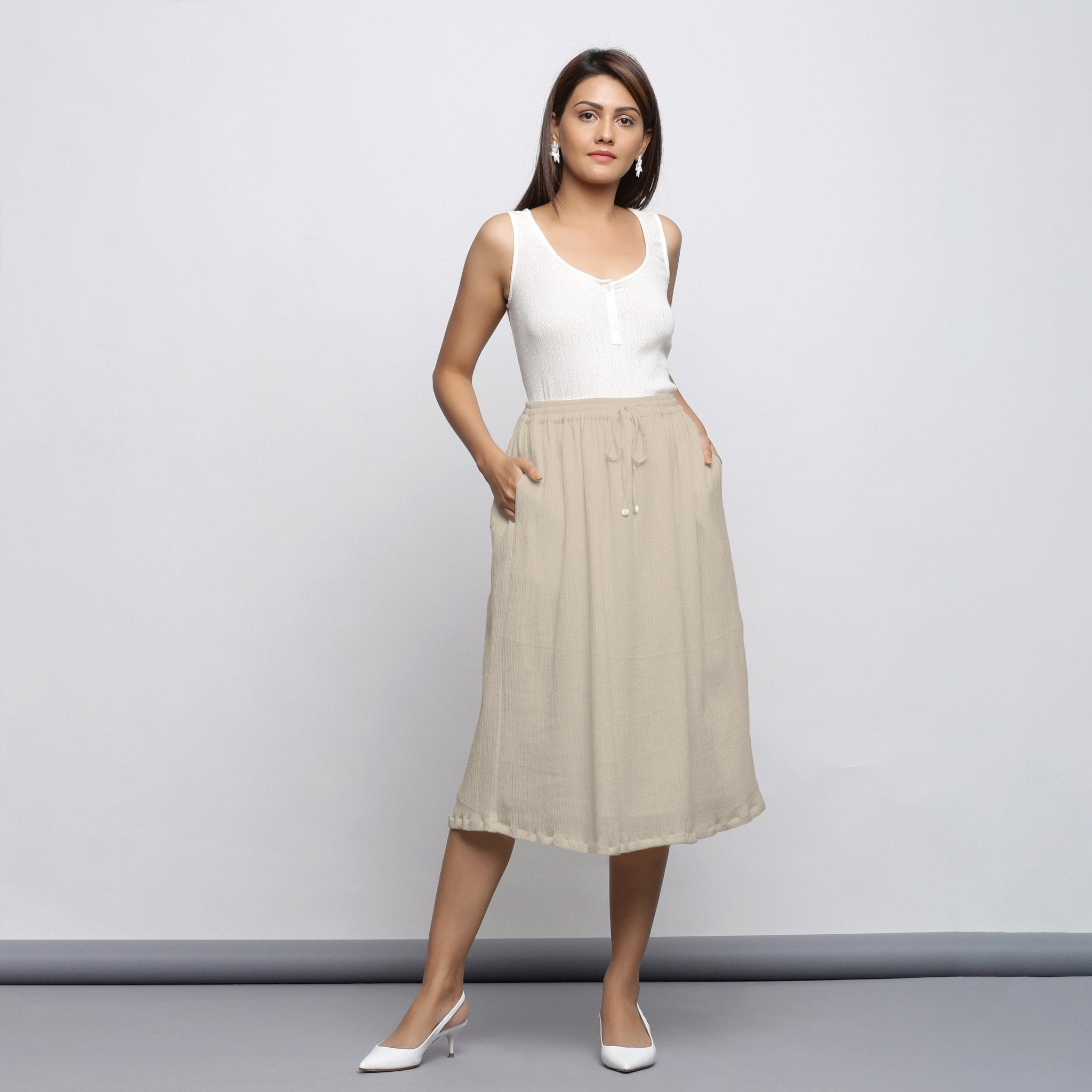 Ecru Crinkled Cotton Flax Elasticated Flared Midi Skirt