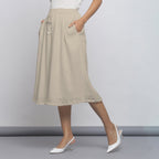 Ecru Crinkled Cotton Flax Elasticated Flared Midi Skirt