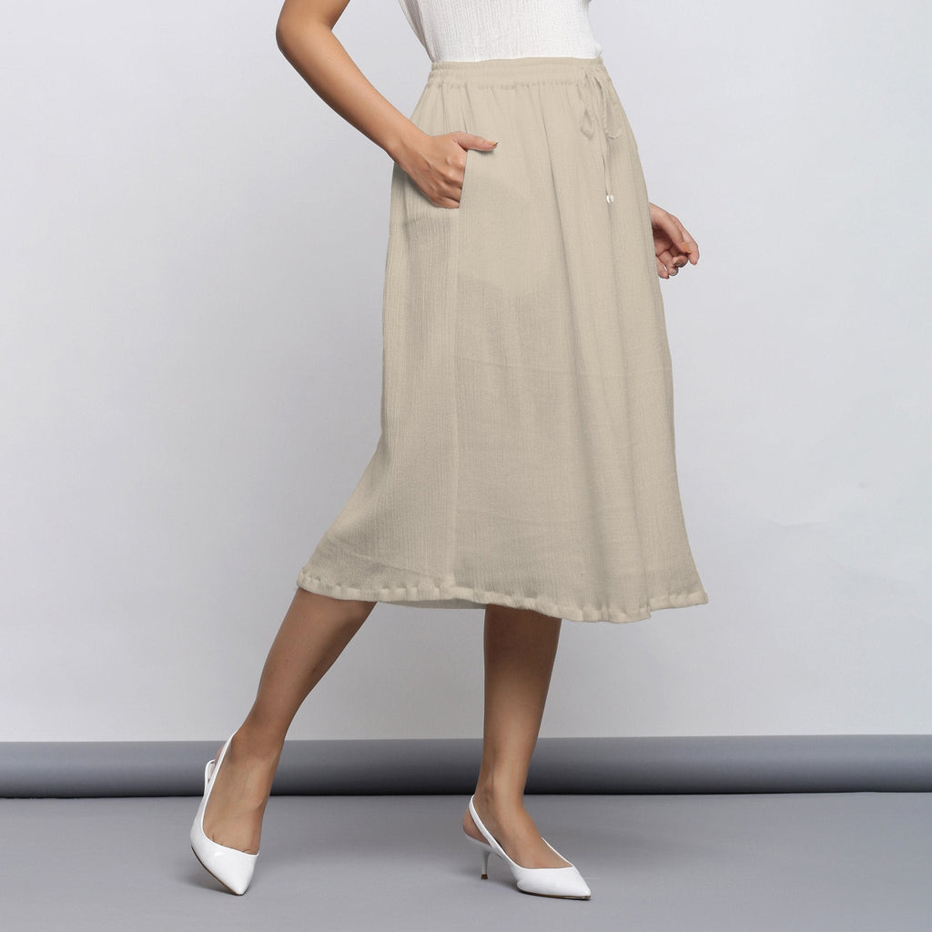 Ecru Crinkled Cotton Flax Elasticated Flared Midi Skirt