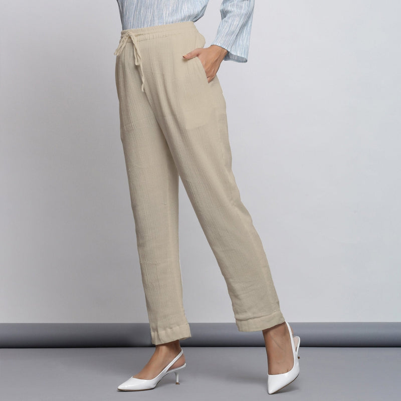 Ecru Crinkled Cotton Flax Elasticated Mid-Rise Tapered Pant
