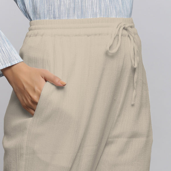 Ecru Crinkled Cotton Flax Elasticated Mid-Rise Tapered Pant