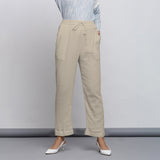 Ecru Crinkled Cotton Flax Elasticated Mid-Rise Tapered Pant