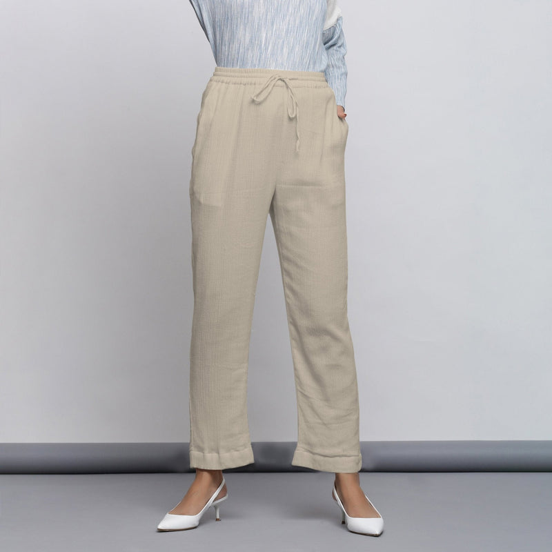Ecru Crinkled Cotton Flax Elasticated Mid-Rise Tapered Pant
