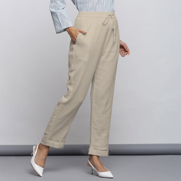 Ecru Crinkled Cotton Flax Elasticated Mid-Rise Tapered Pant