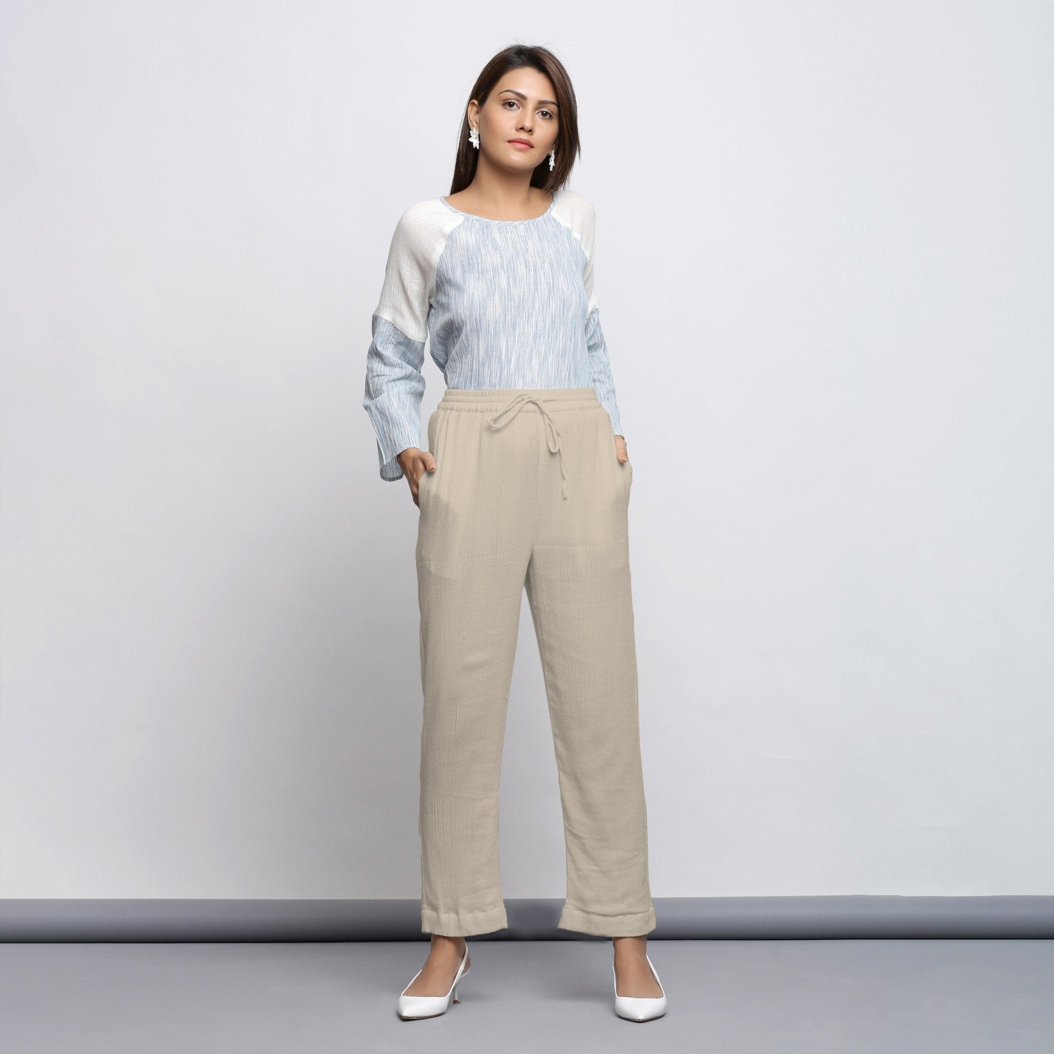 Ecru Crinkled Cotton Flax Elasticated Mid-Rise Tapered Pant