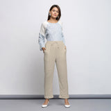 Ecru Crinkled Cotton Flax Elasticated Mid-Rise Tapered Pant