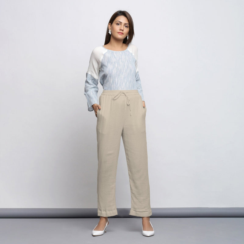 Ecru Crinkled Cotton Flax Elasticated Mid-Rise Tapered Pant