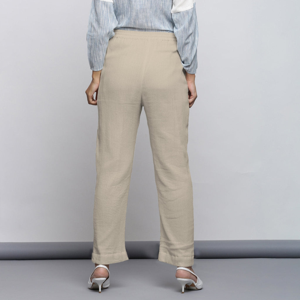 Ecru Crinkled Cotton Flax Elasticated Mid-Rise Tapered Pant