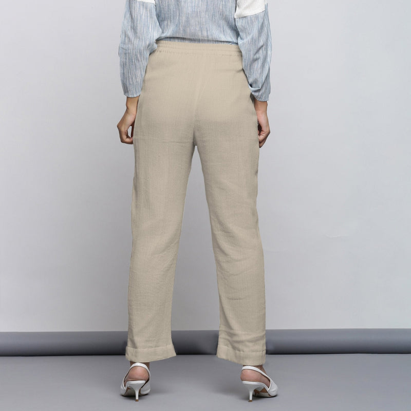 Ecru Crinkled Cotton Flax Elasticated Mid-Rise Tapered Pant