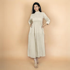 Ecru Crinkled Cotton Flax Fit and Flare Maxi Empire Dress