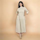 Ecru Crinkled Cotton Flax Fit and Flare Maxi Empire Dress