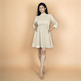 Ecru Crinkled Cotton Flax Fit and Flare Short Empire Dress