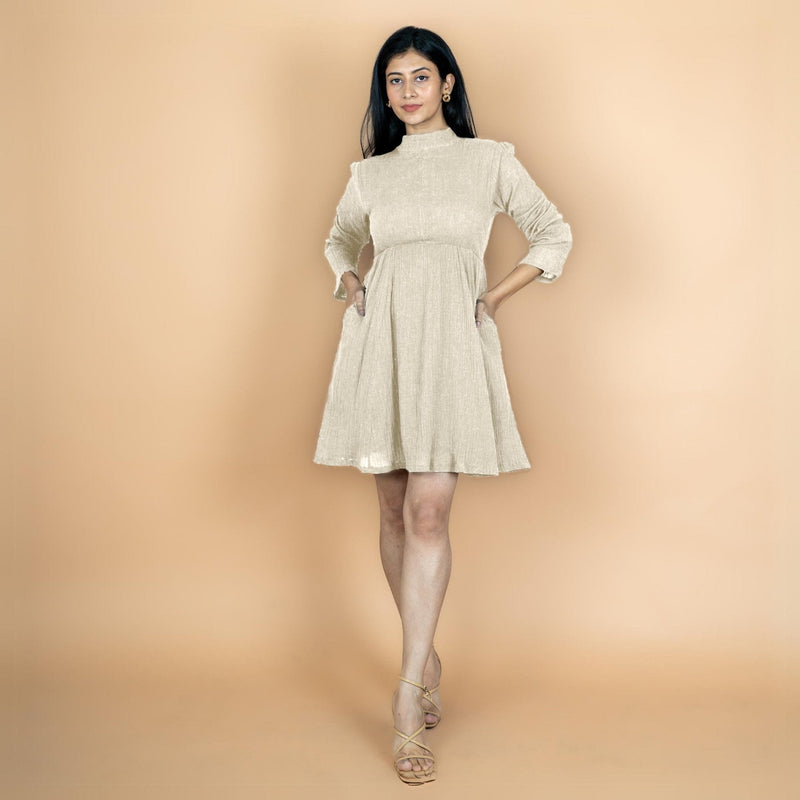 Ecru Crinkled Cotton Flax Fit and Flare Short Empire Dress