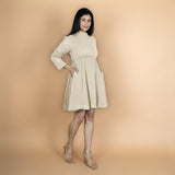 Ecru Crinkled Cotton Flax Fit and Flare Short Empire Dress