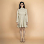 Ecru Crinkled Cotton Flax Fit and Flare Short Empire Dress