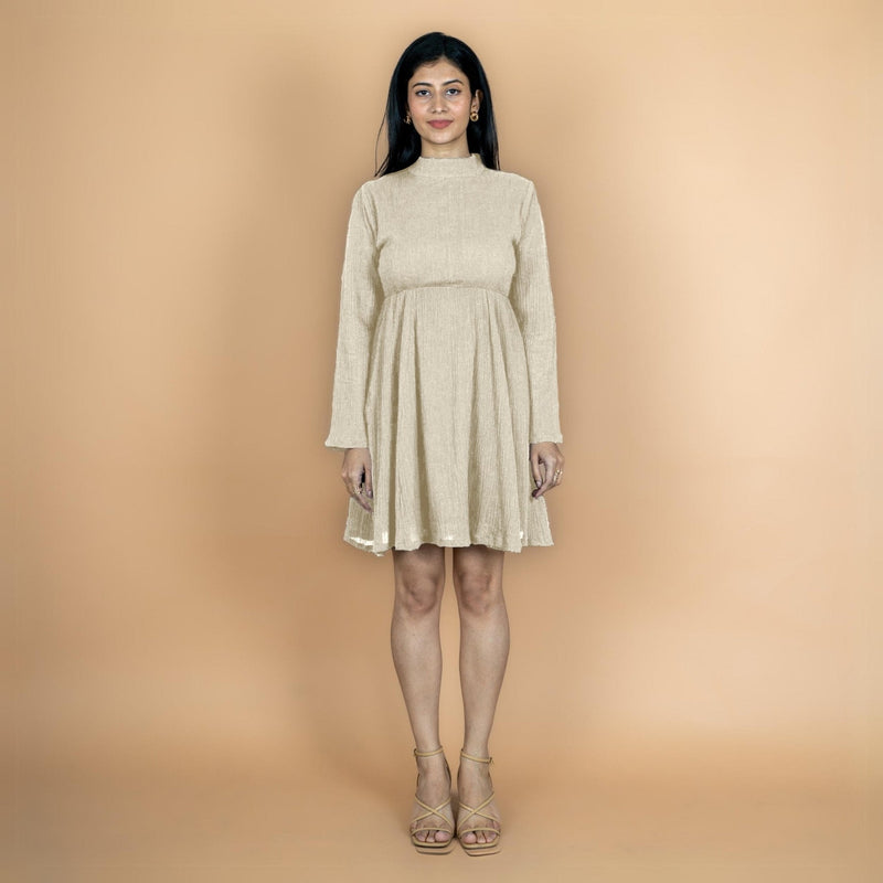 Ecru Crinkled Cotton Flax Fit and Flare Short Empire Dress