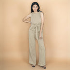 Ecru Crinkled Cotton Flax High-Rise Flared Pant