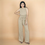 Ecru Crinkled Cotton Flax High-Rise Flared Pant