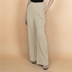 Ecru Crinkled Cotton Flax High-Rise Flared Pant