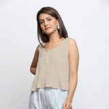 Ecru Crinkled Cotton Flax Round Neck Sleeveless Top