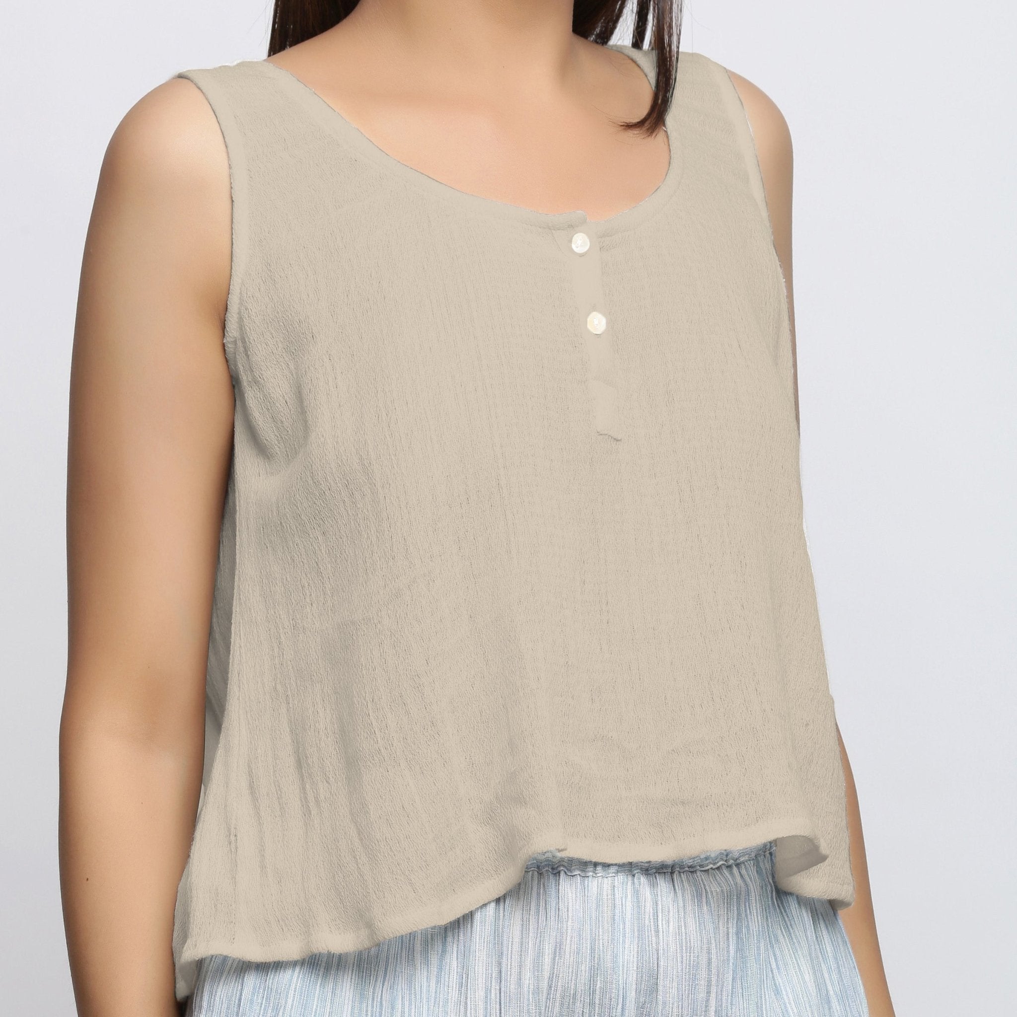 Ecru Crinkled Cotton Flax Round Neck Sleeveless Top