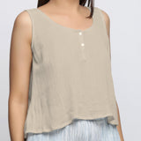 Ecru Crinkled Cotton Flax Round Neck Sleeveless Top
