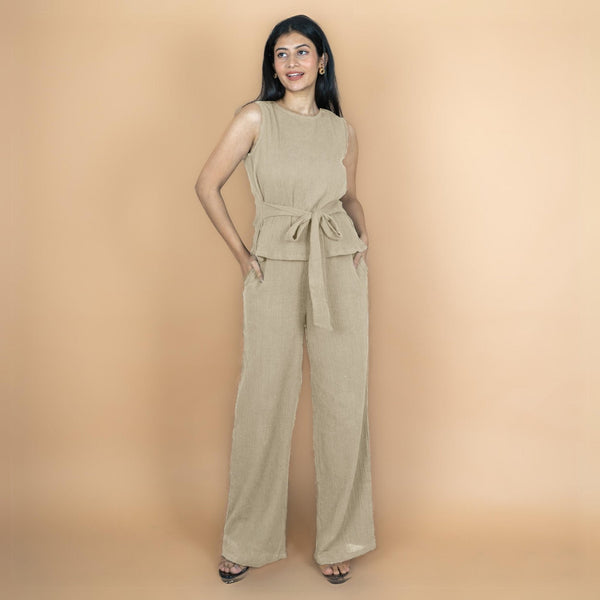 Ecru Crinkled Cotton Flax Sleeveless Tie-Up Top