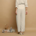 Ecru Crinkled Cotton Flax Tie-Neck Top and Pant Co-ord Set