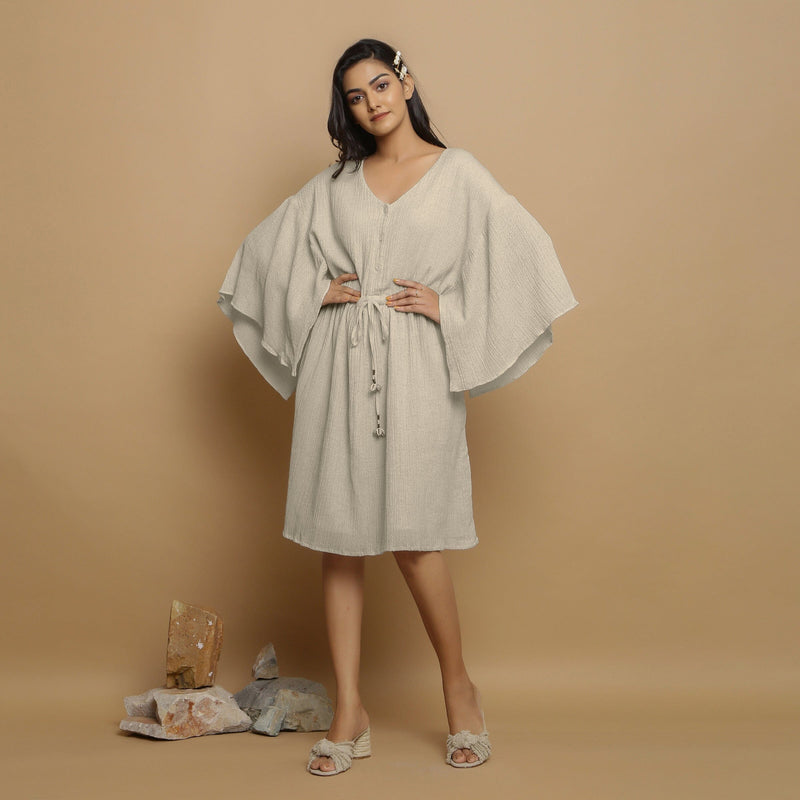 Ecru Crinkled Cotton Flax V-Neck Drop Shoulder Sleeves Knee Length Dress