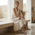 Ecru Embroidered Cotton A-Line V-Neck Sleeveless Maxi Tier Dress