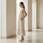 Ecru Embroidered Cotton A-Line V-Neck Sleeveless Maxi Tier Dress