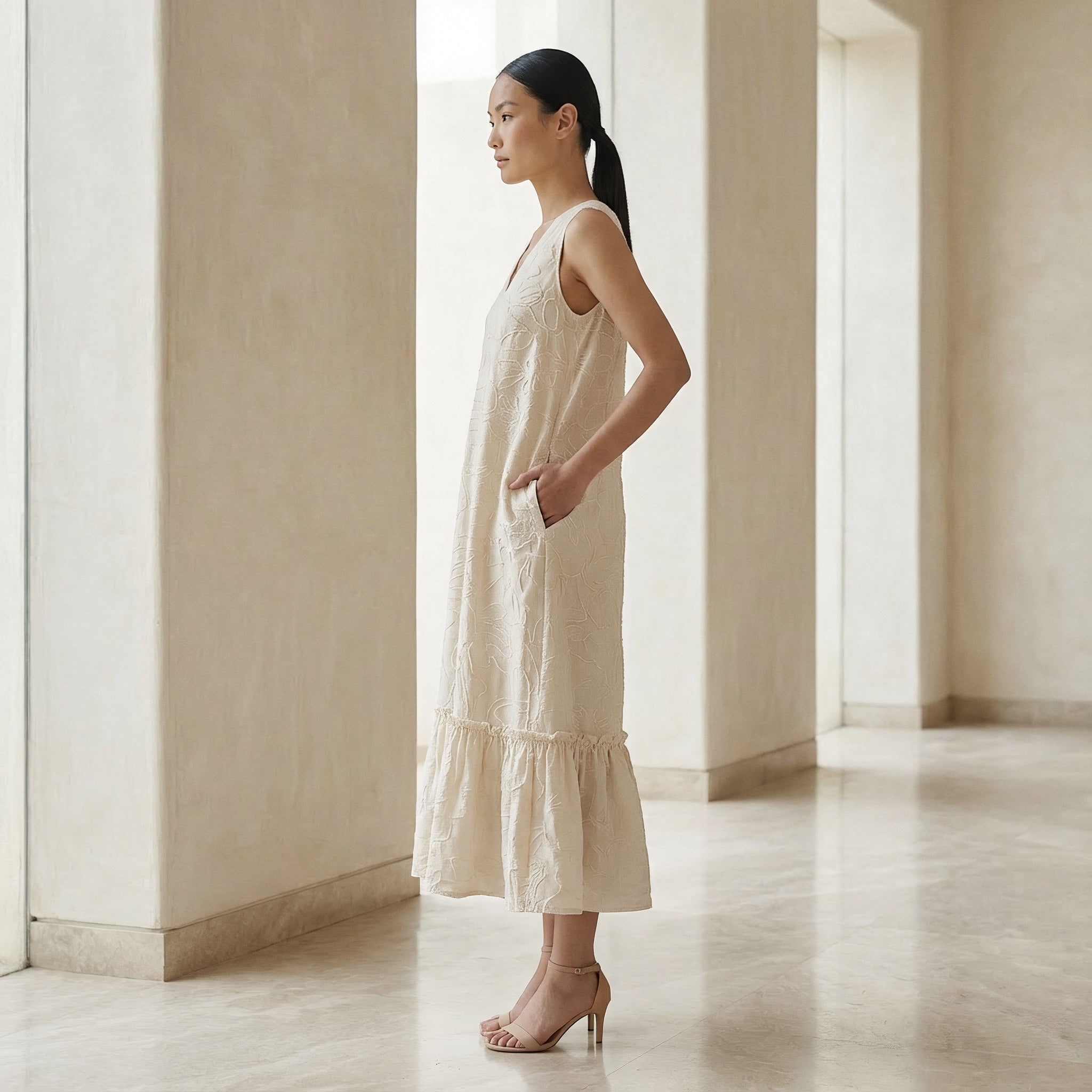 Ecru Embroidered Cotton A-Line V-Neck Sleeveless Maxi Tier Dress