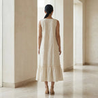 Ecru Embroidered Cotton A-Line V-Neck Sleeveless Maxi Tier Dress